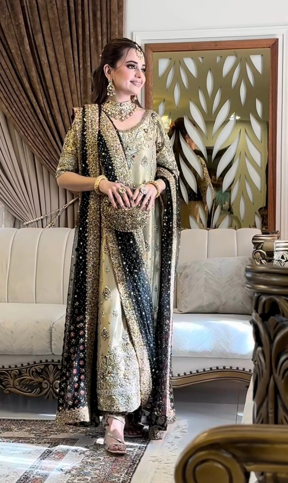Skin Gold pakistani fashion outfit in gold tones.